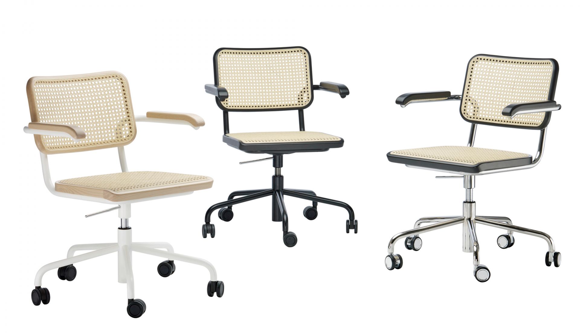 Drei Thonet S 64 Drehstühle mit Stahlrohrgestell und Wiener Geflecht, verschiedene Farben.
