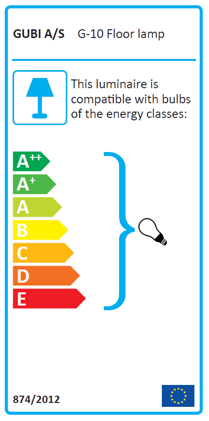 Energieeffizienzlabel für Gubi G-10 Stehleuchte, zeigt Kompatibilität mit Leuchtmitteln der Energieklassen A++ bis E.