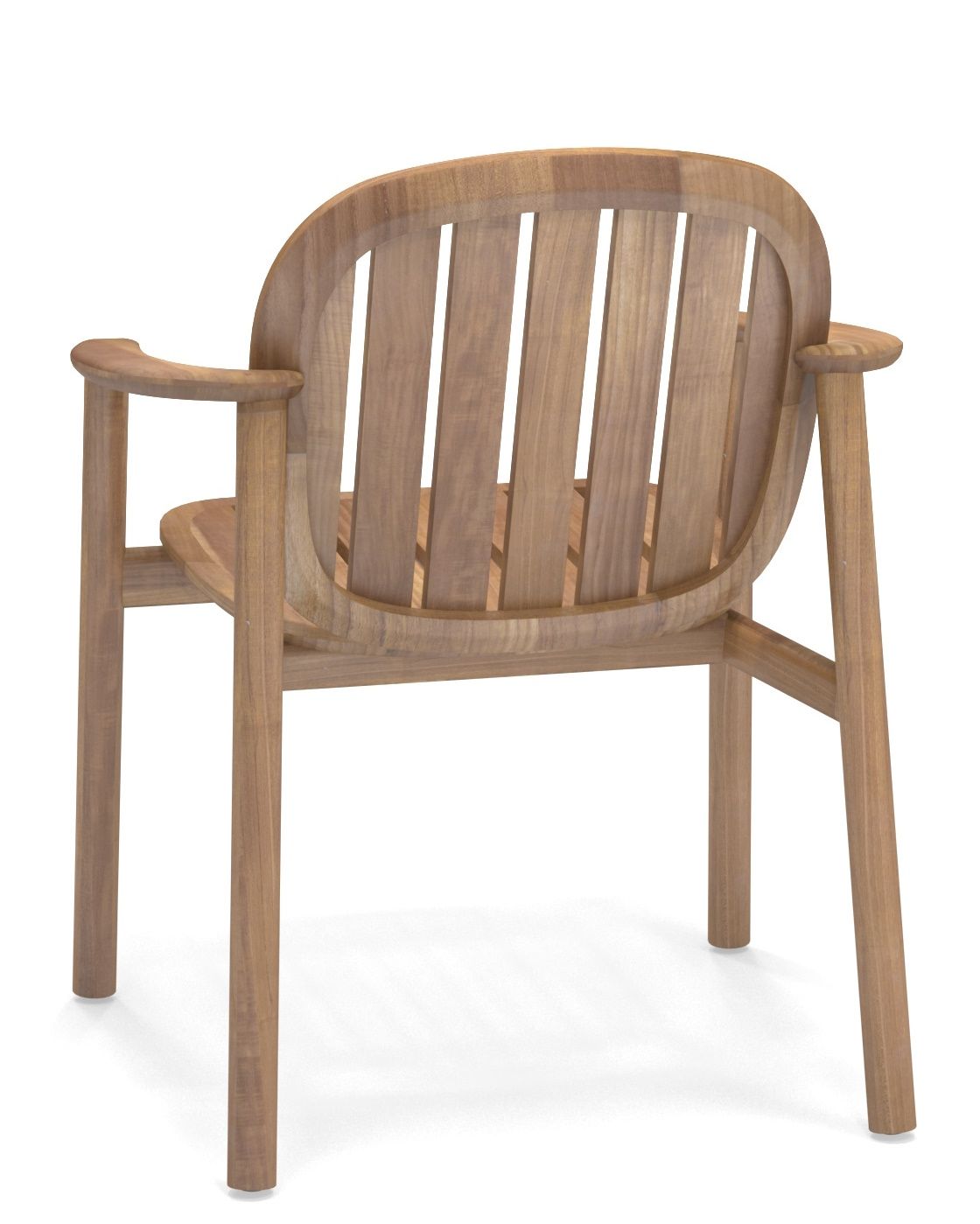 Rückansicht des Twins Stuhls von Emu, ein Outdoor-Stuhl aus hellem Holz mit Armlehnen.