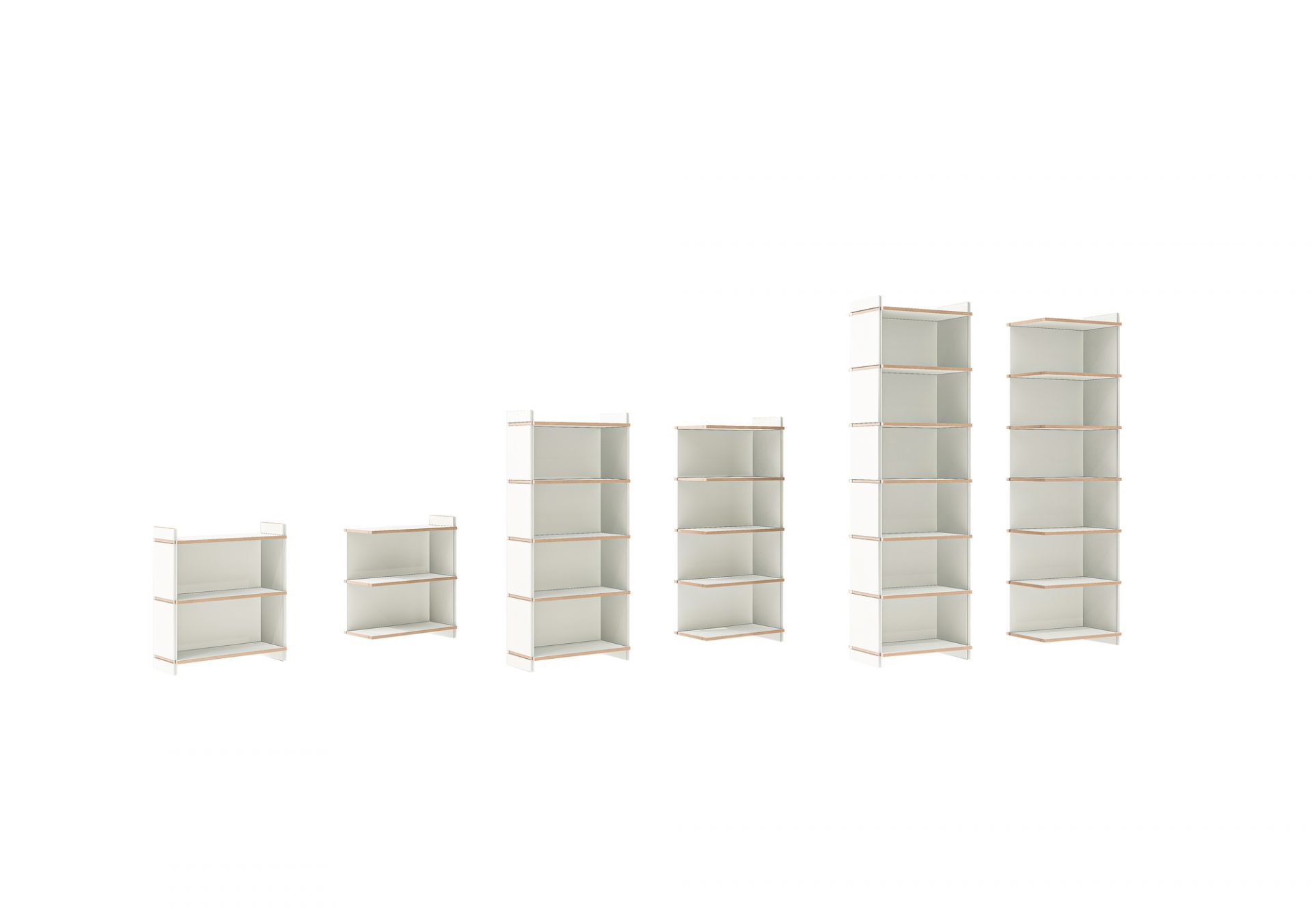 Tojo Mehrfach Regal Grundmodule in verschiedenen Höhen, weißes modulares Regalsystem für Wohnzimmer und Büro.