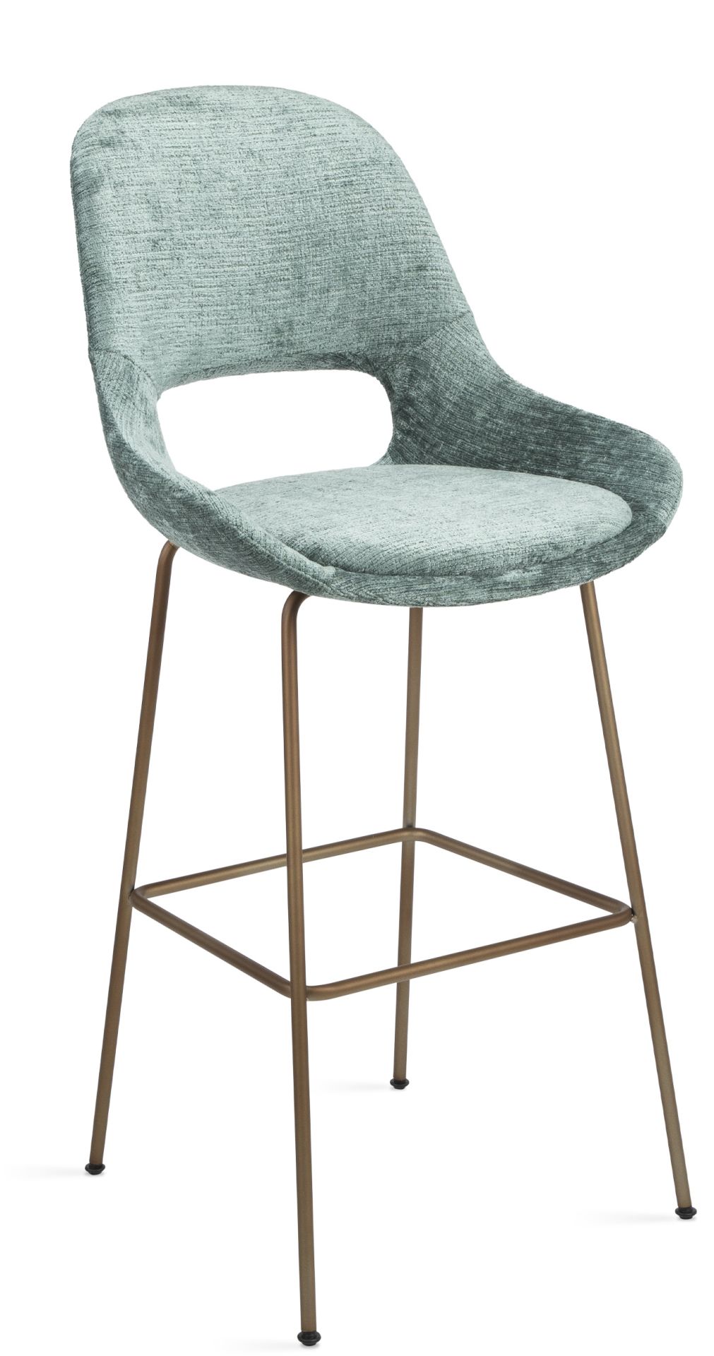 Theia Barhocker von Freifrau Manufaktur: Moderner, niedriger Barstuhl mit mintgrünem Bezug und Metallgestell.