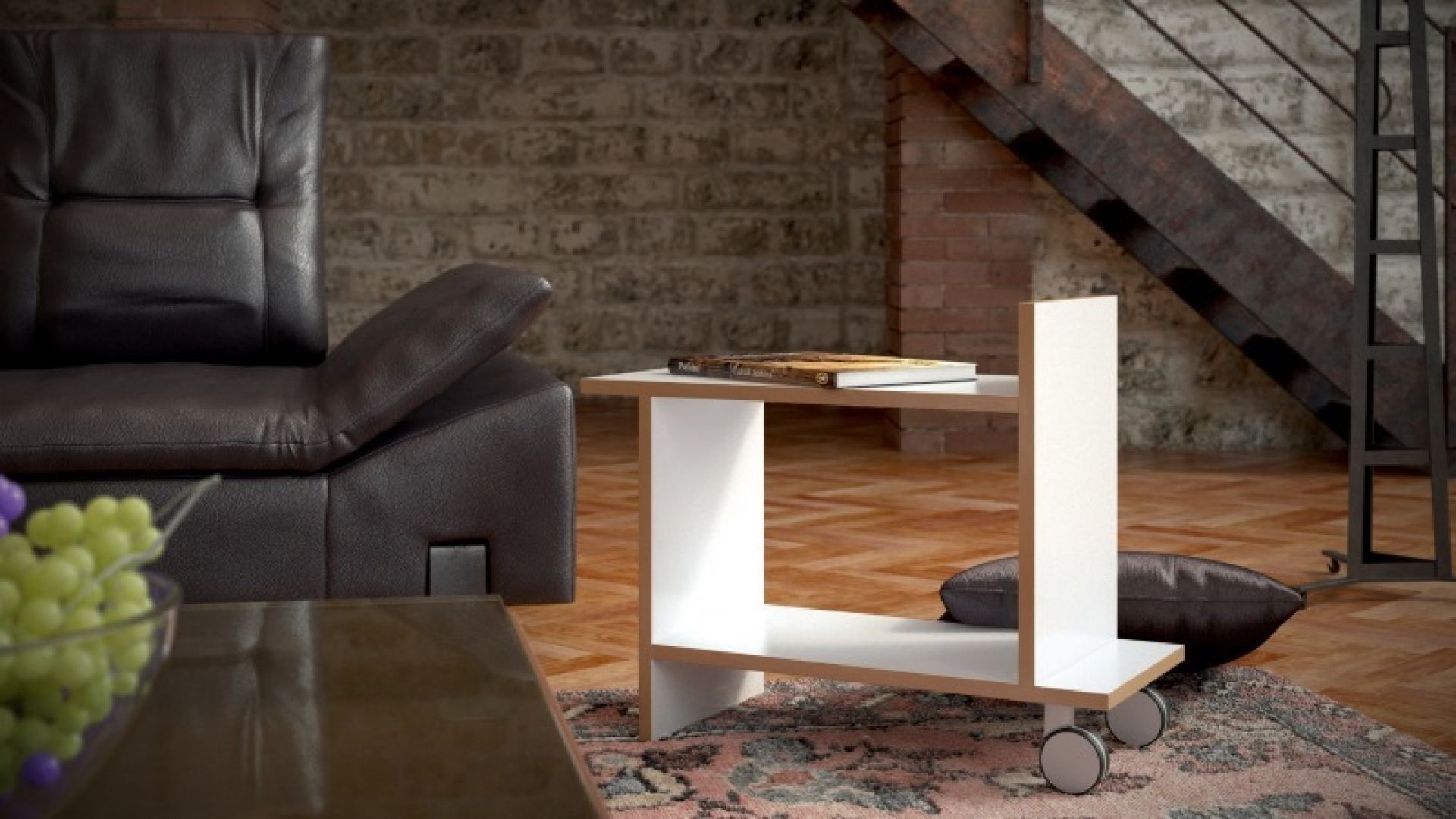 Weißer Tojo Beistelltisch mit Rollen und zwei Ablageflächen neben einem Ledersofa im Wohnzimmer.