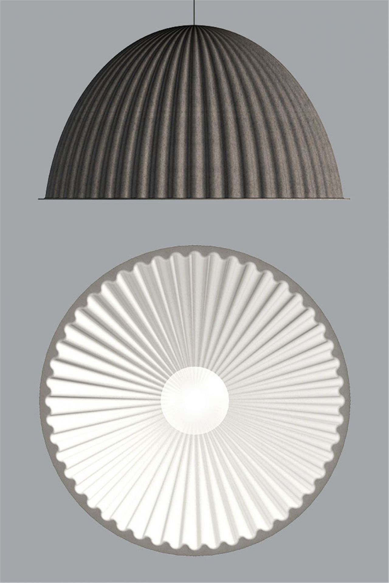 Graue Under The Bell Pendelleuchte von Muuto, Seitenansicht und Ansicht von unten mit Licht.