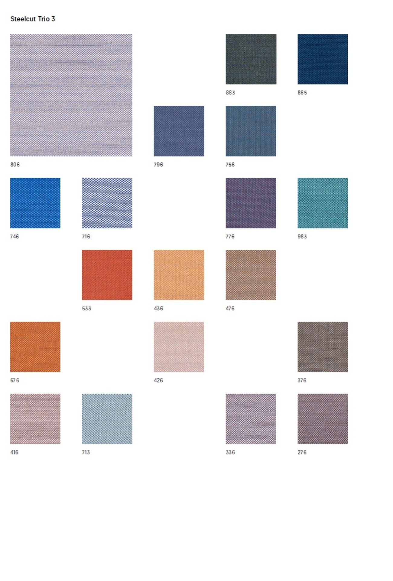 Stoffmusterkarte Steelcut Trio von Kvadrat mit verschiedenen Farbmustern für Möbelstoffe und Polsterstoffe.