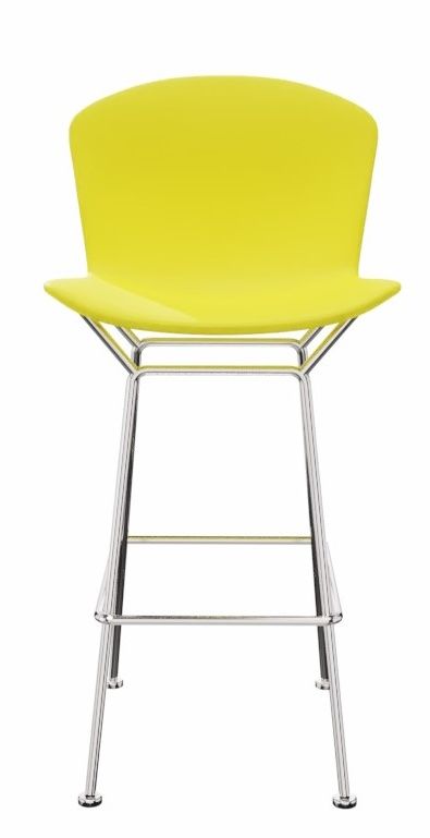 Gelber Bertoia Barhocker mit Kunststoffschale und verchromtem Stahlgestell für Küche oder Bar.