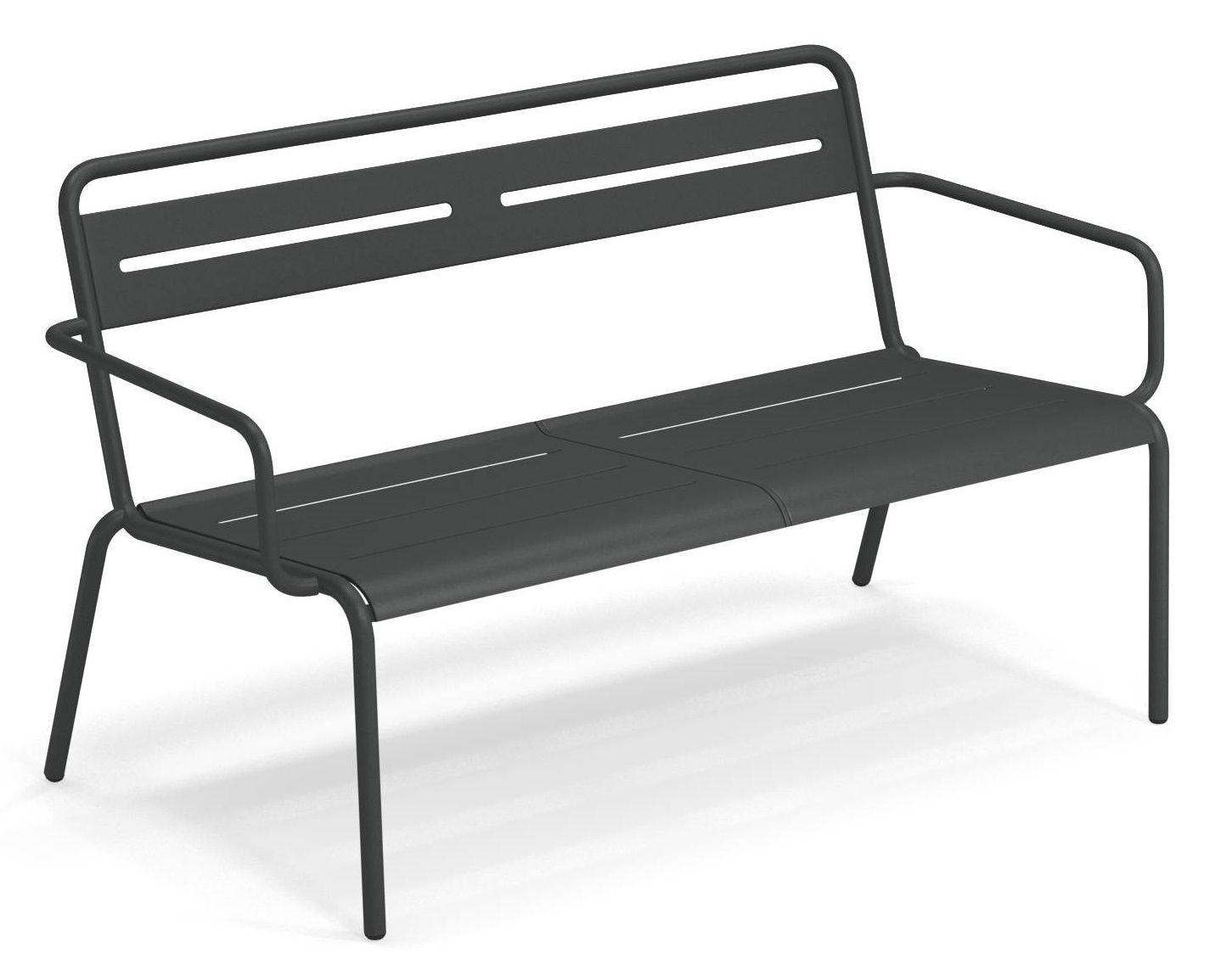 Star Sofa Outdoor Emu: Moderne anthrazitfarbene Gartenbank aus Metall mit Armlehnen und geradlinigem Design.