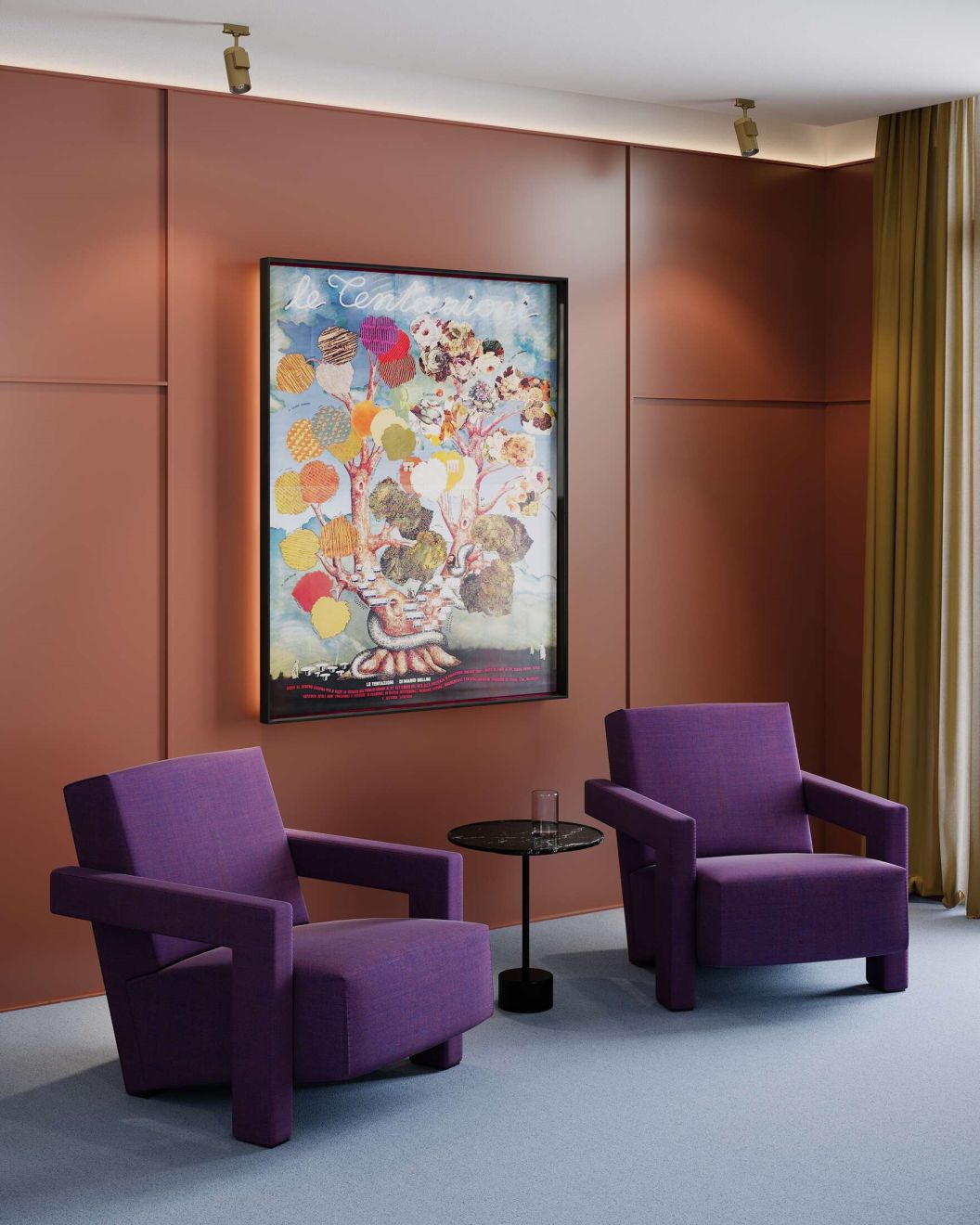 Zwei lila Sessel und ein Beistelltisch vor einer Wand mit einem Kunstwerk, Cassina Tisch.