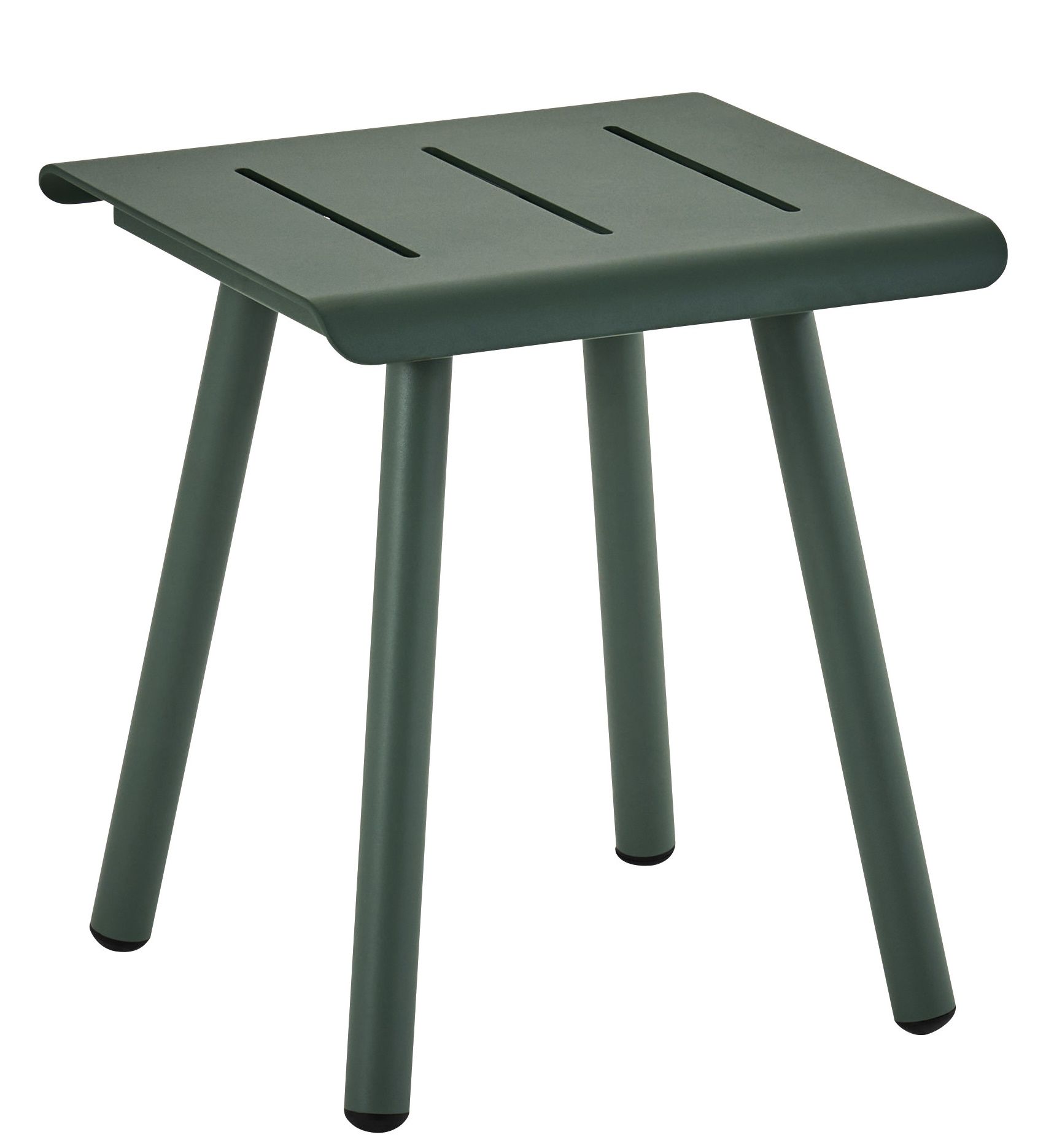 Vapio Stool Hocker von Weishäupl für den Außenbereich, grüner Metallhocker mit drei Beinen.