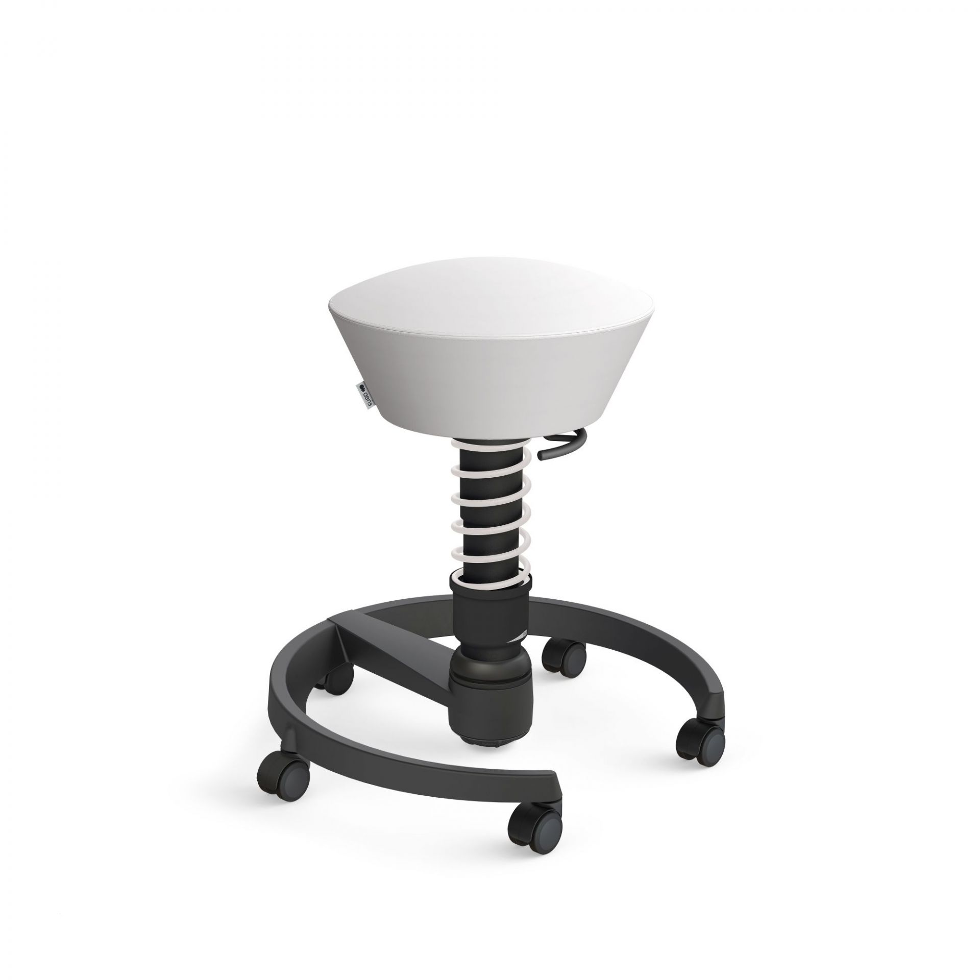 Weißer Bürohocker mit schwarzem Fußkreuz und Rollen, höhenverstellbar, ergonomisch für dynamisches Sitzen.