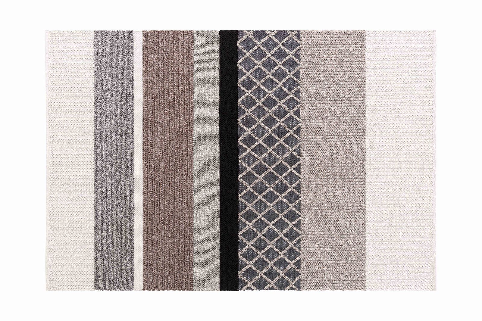 Mangas Outdoor Rug Teppich mit Streifen und Rautenmuster in Grau-, Beige- und Naturtönen.