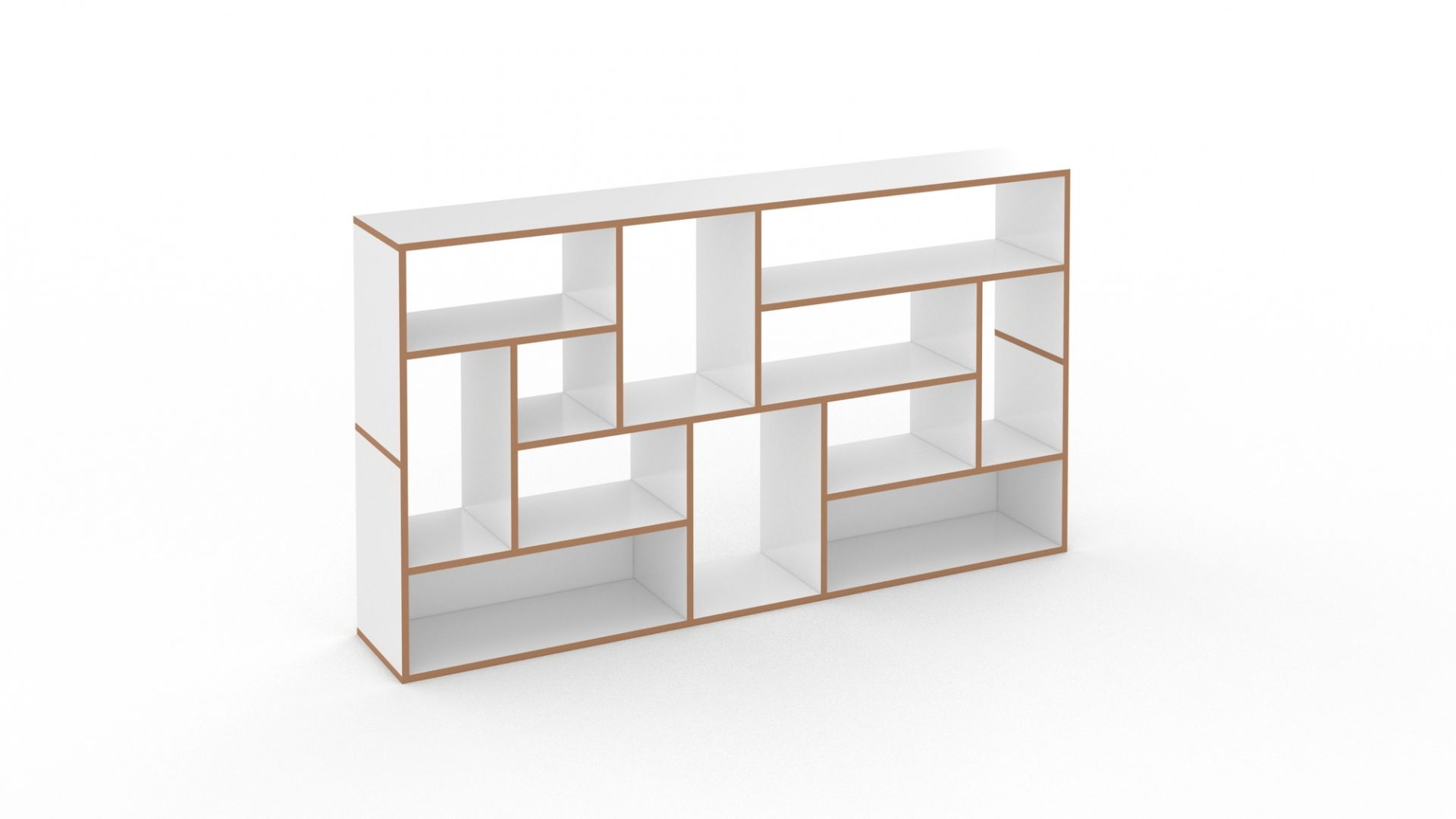 Weißes Hanibal Sideboard von Tojo mit offenen Fächern und braunen Kanten. Modernes Regal für Wohnzimmer.