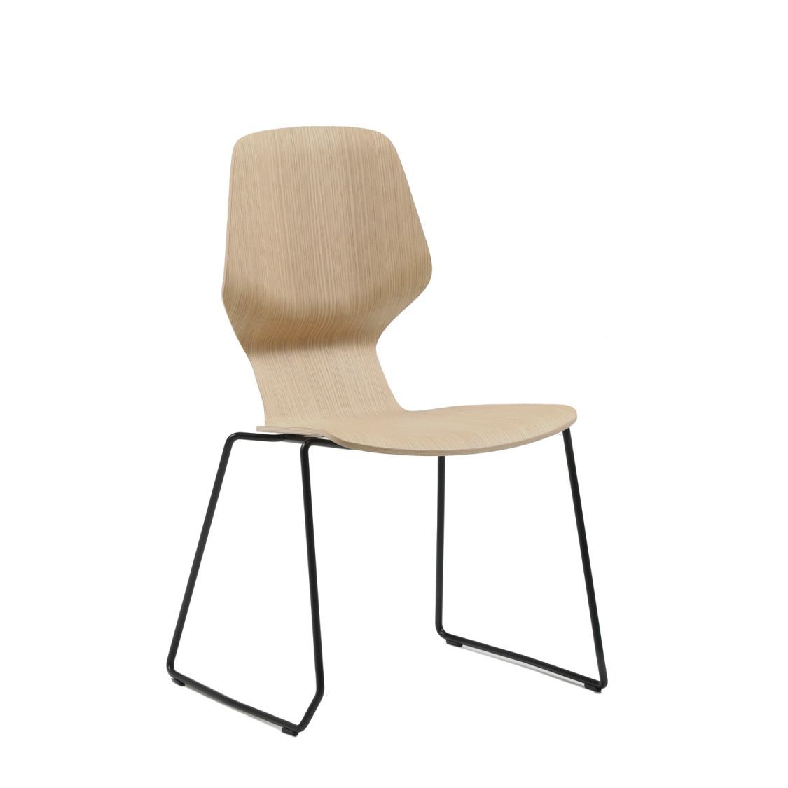Oblikant Stuhl von Prostoria mit Kufengestell: Holzstuhl mit schwarzem Metallgestell, modernes Design.