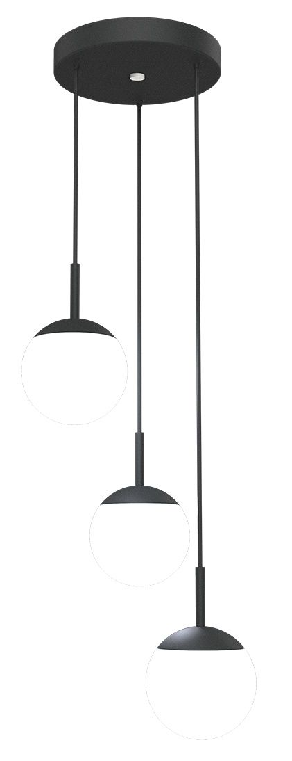 Mooon Triple Pendelleuchte von Fermob, schwarze Hängelampe mit drei Leuchtkugeln in unterschiedlicher Höhe.