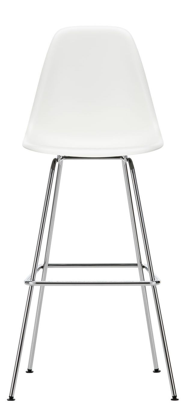 Vitra Eames Plastic Bar Stool in Weiß mit verchromtem Gestell, moderner Hocker für hohe Tische.