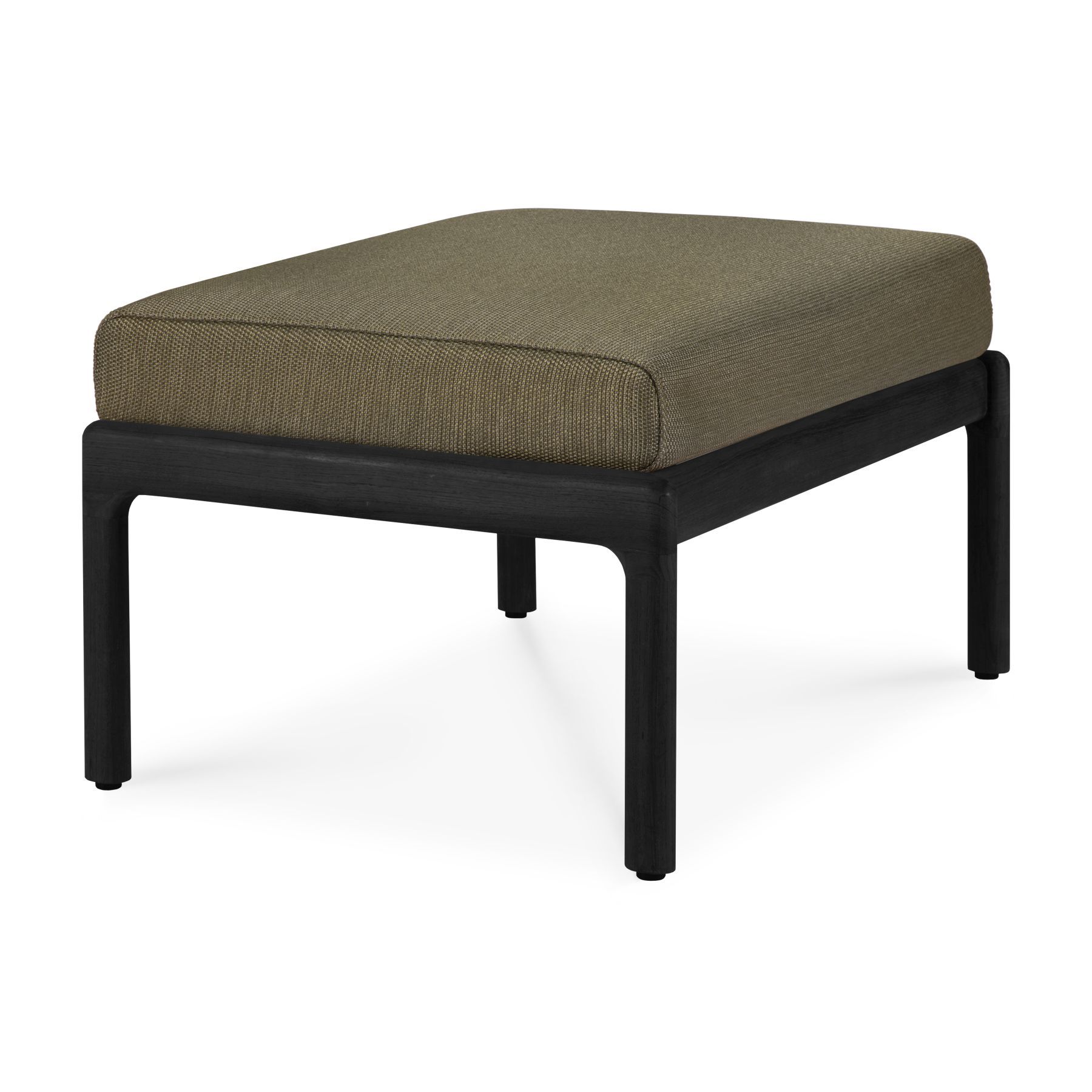 Jack Outdoor gestoffeerde poef van teakhout met zwarte en groene stof van Ethnicraft