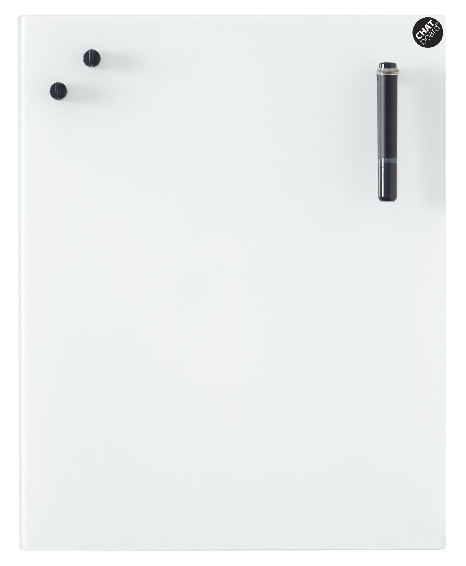 Weiße Chat Board Classic Glastafel für die Wand mit Magneten und Stift.