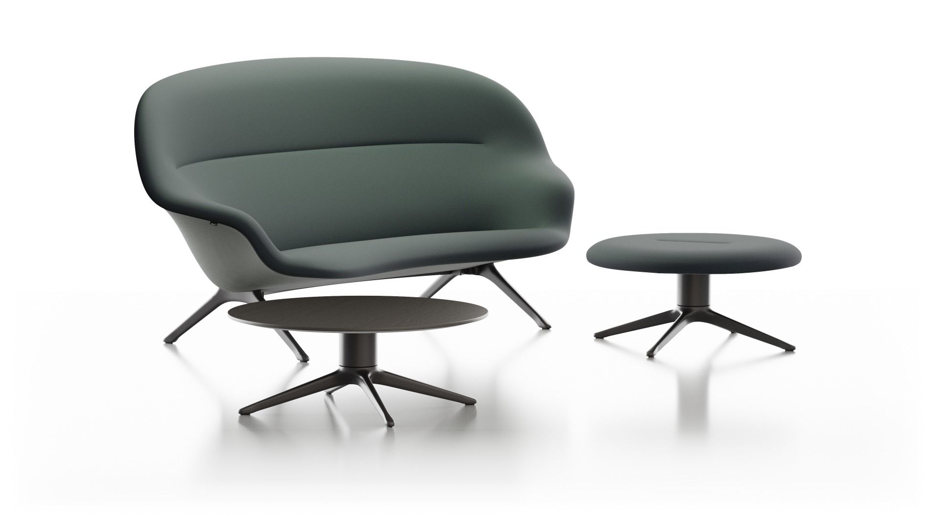 Abalon Platform Ottoman Vitra in Grün mit passendem Hocker und kleinem Beistelltisch.