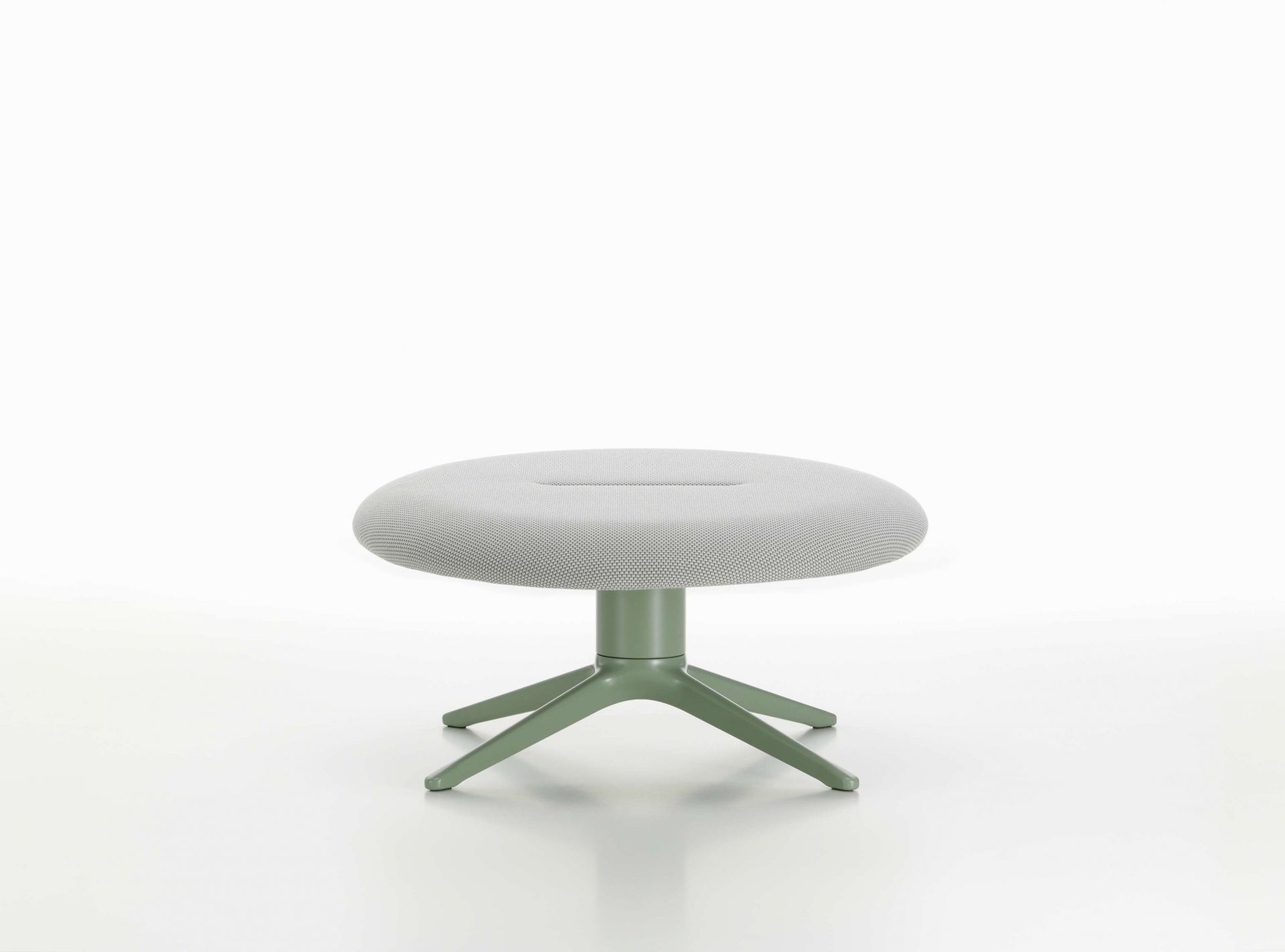Abalon Platform Ottoman von Vitra, grauer Hocker mit grünem Fußkreuz, modernes Möbeldesign.