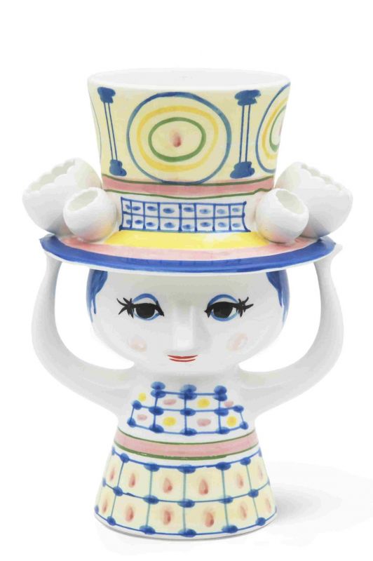 Frauenkopf-Vase mit Hut von Bjorn Wiinblad, dekorative Keramikvase mit bunten Mustern.