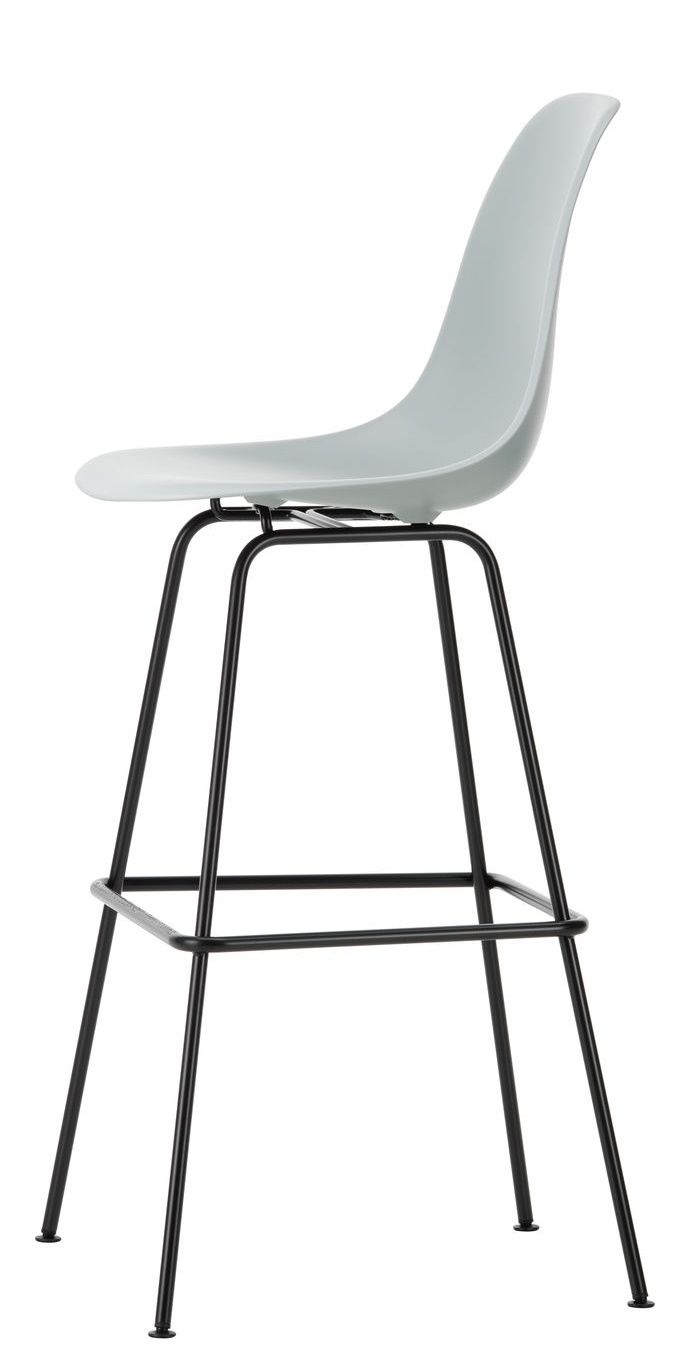Eames Plastic Bar Stool High von Vitra, hellgraue Sitzschale, schwarzes Metallgestell, moderner Barhocker.