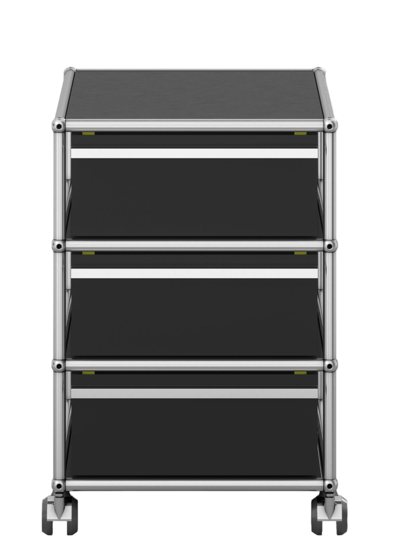 USM Haller Rollcontainer QUICK SHIP in Anthrazit mit drei Schubladen und verchromtem Gestell.