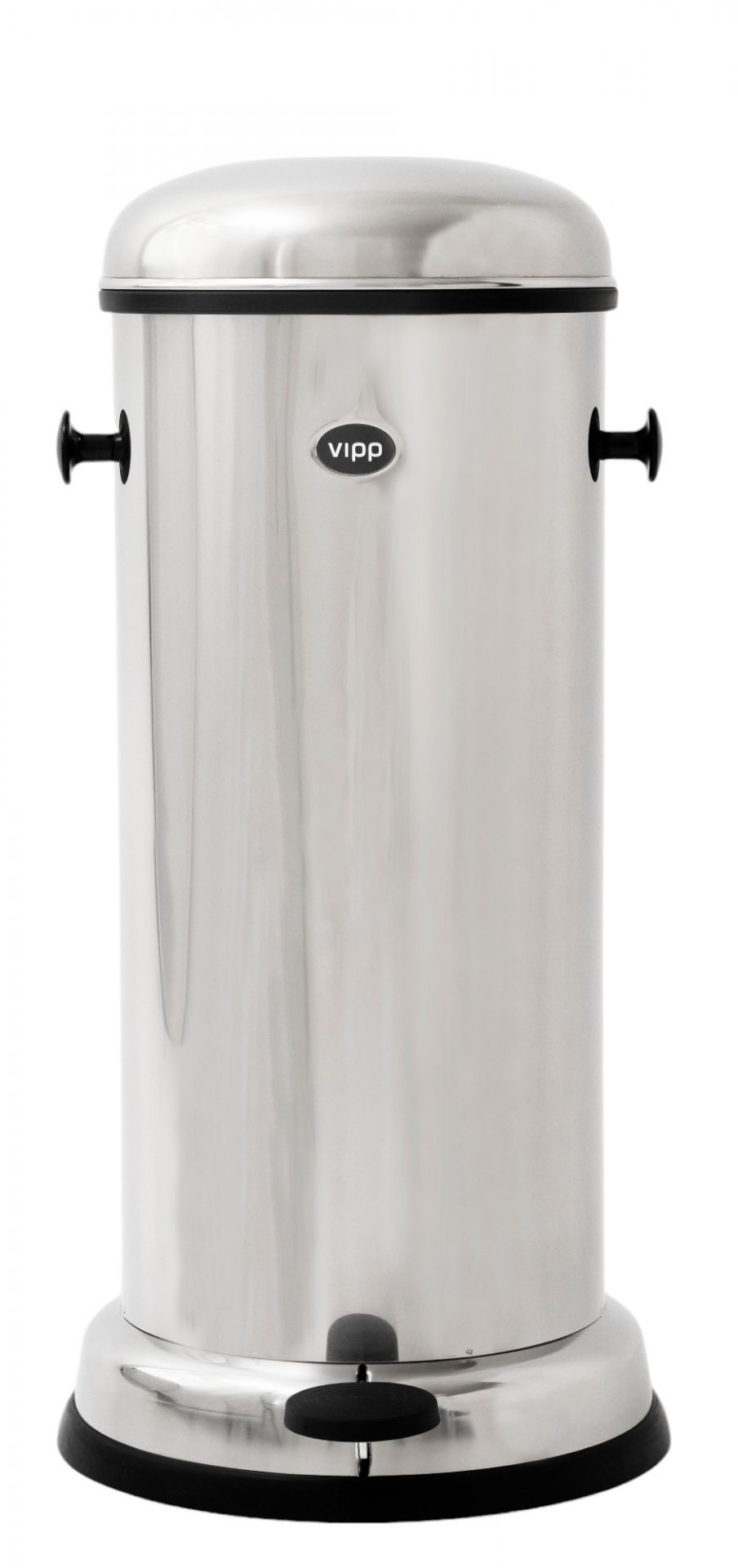 Vipp Treteimer 18L aus Edelstahl, runder Mülleimer mit Fußpedal und schwarzen Details.