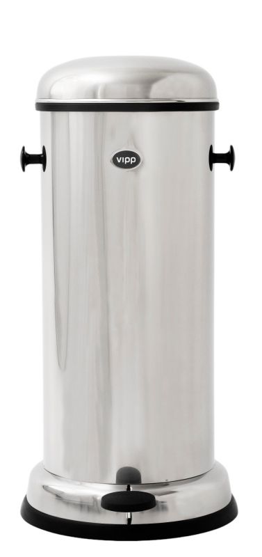 Vipp Treteimer 18L aus Edelstahl, runder Mülleimer mit Fußpedal und schwarzen Details.