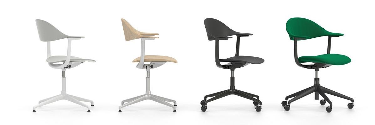 Vitra Mynt Bürostuhl mit Armlehnen in Weiß, Holz, Schwarz und Grün, ergonomisch und modern.