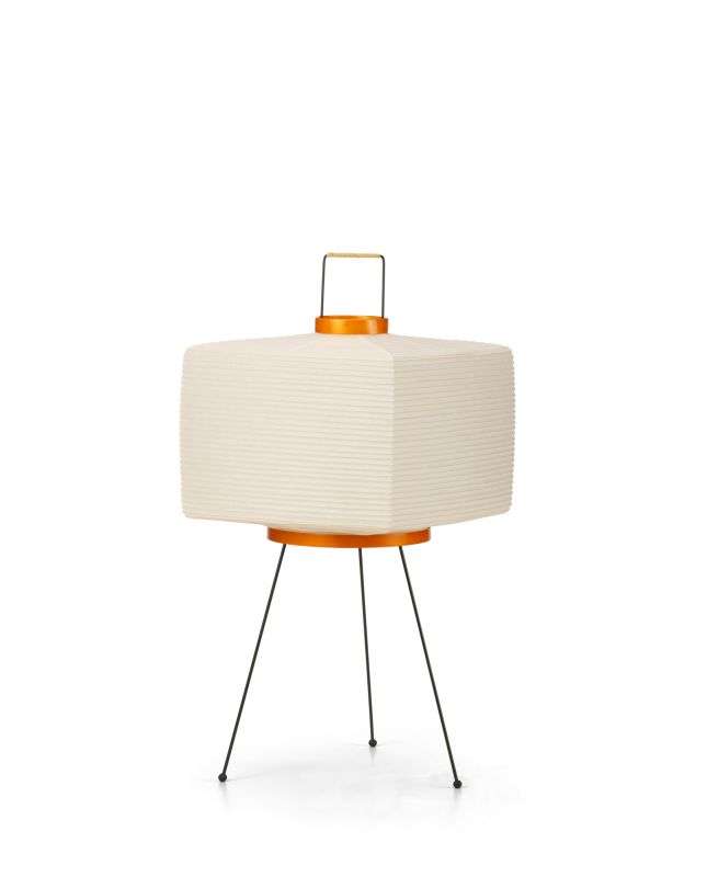 Akari Tischleuchte 7A von Vitra: Kubische Papierleuchte auf filigranem, schwarzem Dreibein-Gestell. Designklassiker.