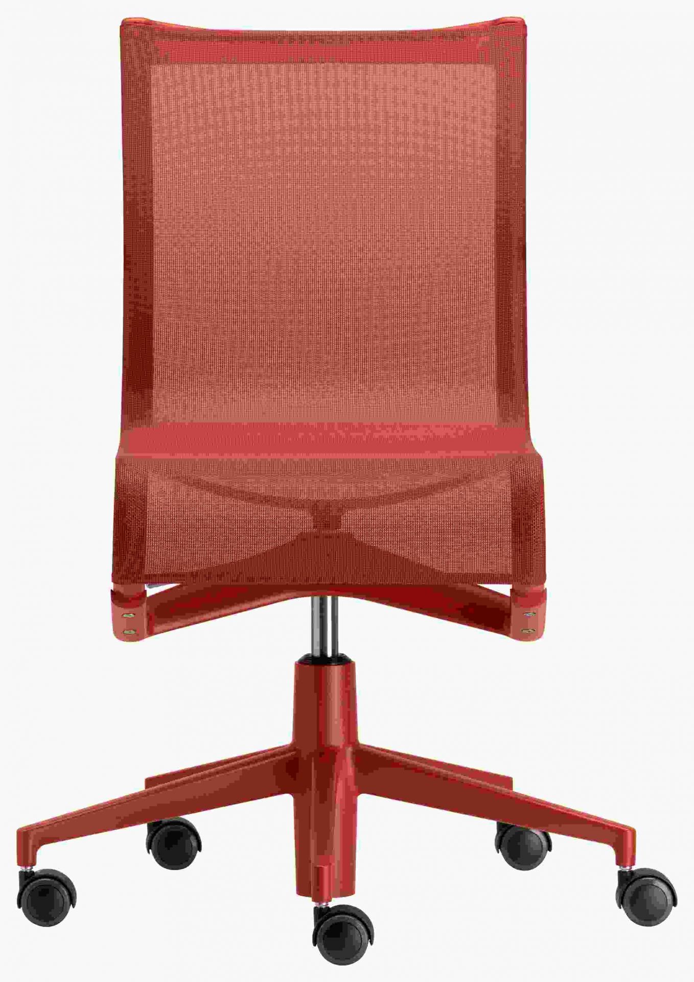 Roter Rollingframe Bürodrehstuhl mit Netzrückenlehne und Rollen, ideal für ergonomisches Sitzen im Büro.