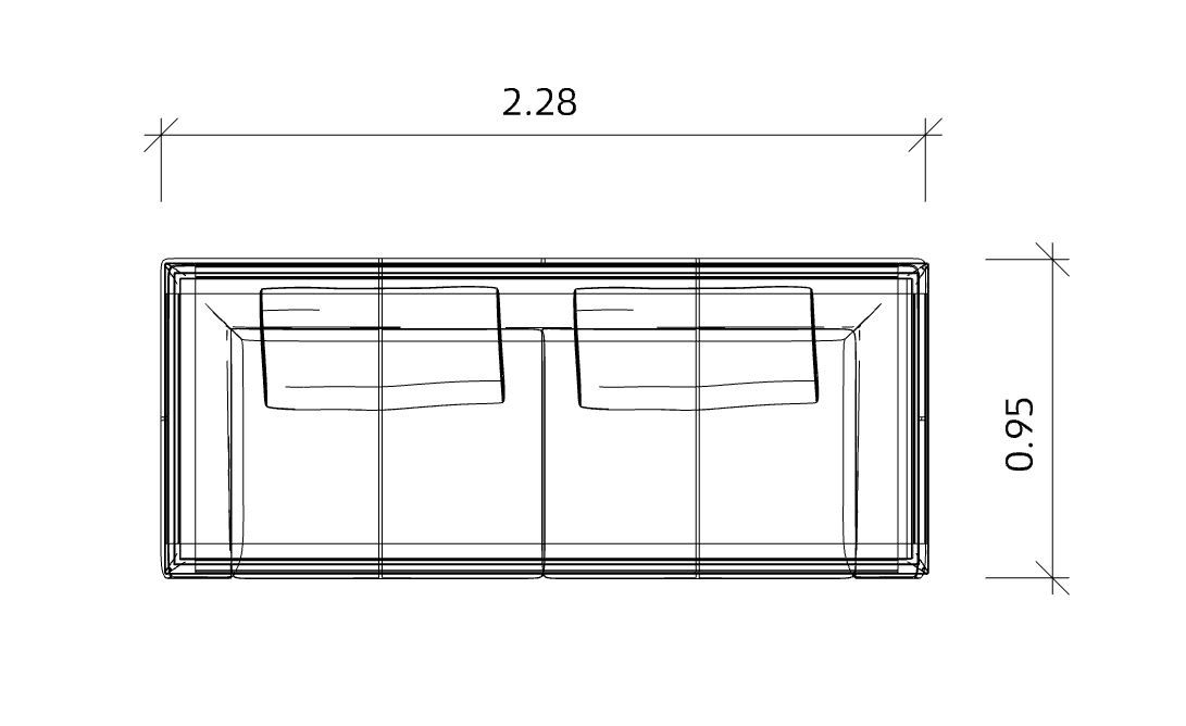 Draufsicht: Jaan Living 3-Sitzer Sofa Skizze mit Maßen. Modernes Sofa für Wohnzimmer.