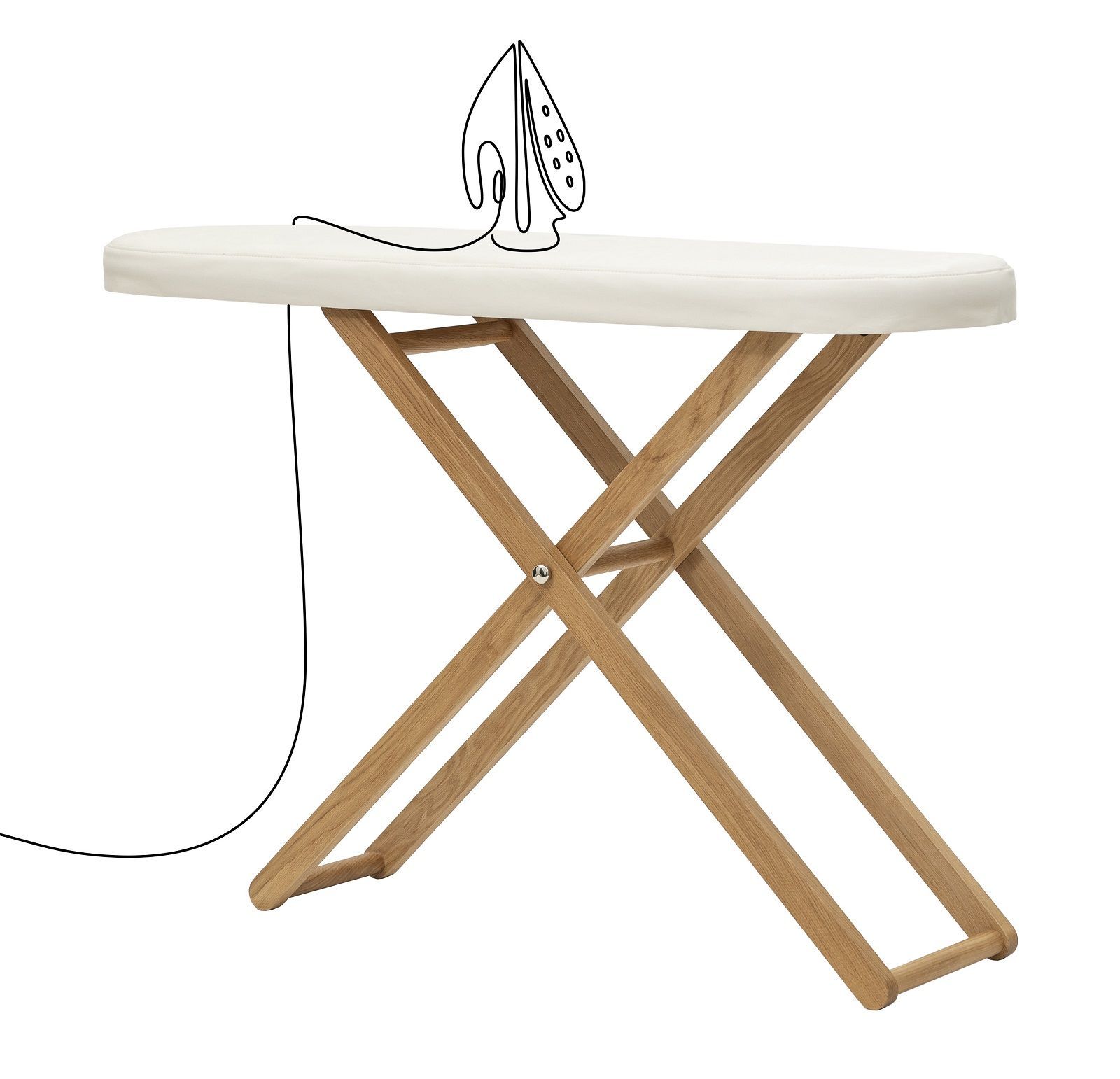 Cinderella Table von Design House Stockholm: Bügeltisch mit weißer Oberfläche und Holzgestell.