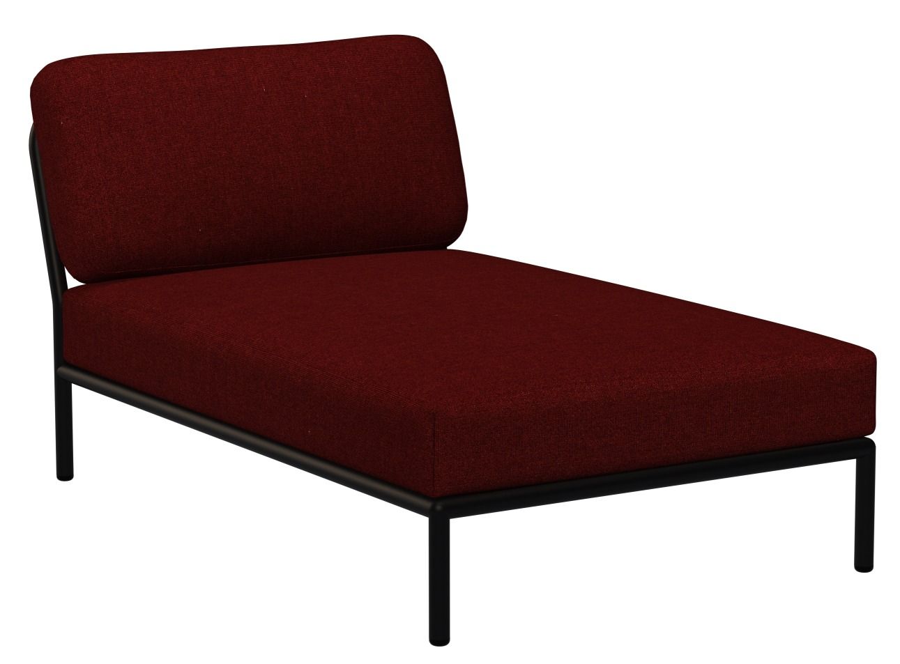 Houe Level Chaiselongue Outdoor Sessel in Bordeauxrot mit schwarzem Metallgestell, seitliche Ansicht.