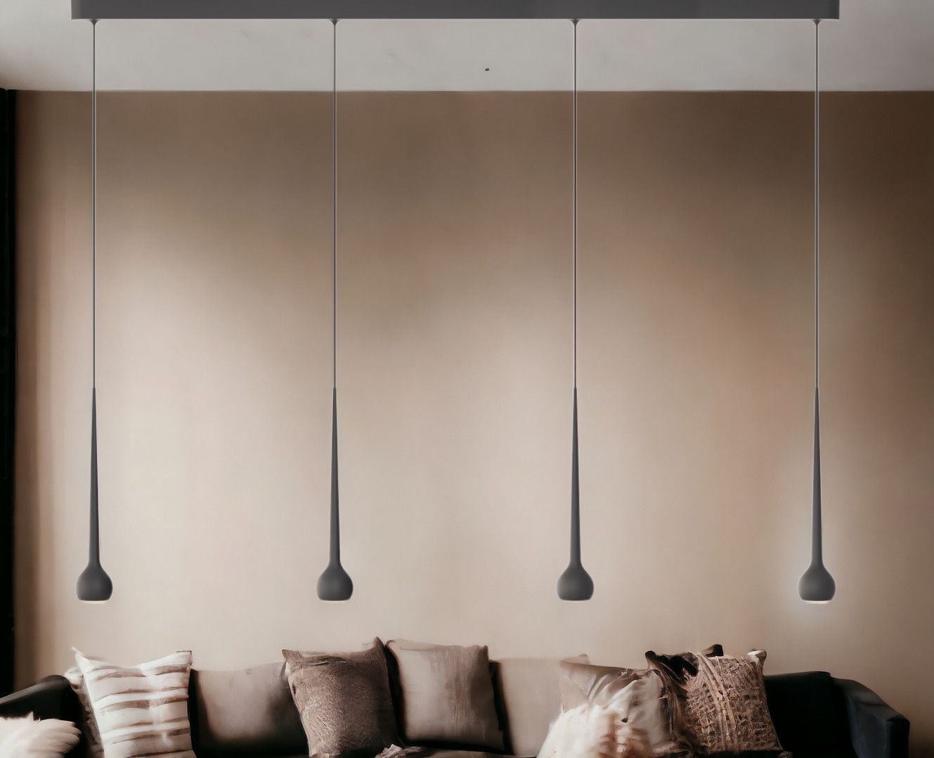 Falling Sun Trace Pendelleuchte in Grau über Sofa, moderne Hängelampe für Wohnzimmer und Esszimmer.