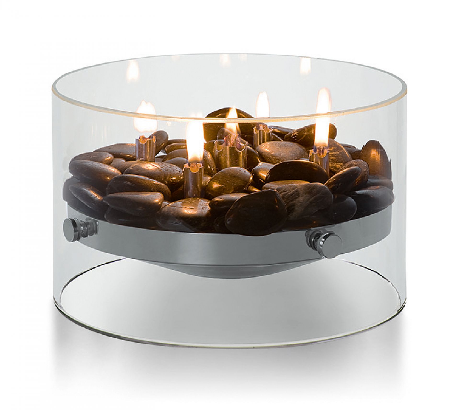 Philippi Fire Tischkamin mit Glaszylinder, Steinen und Flammen für gemütliche Atmosphäre.