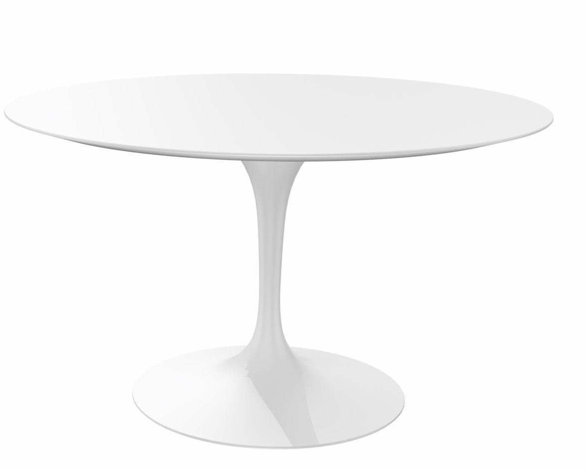 Weißer Saarinen Esstisch mit runder Tischplatte und zentralem Fuß. Design Esstisch für Esszimmer.