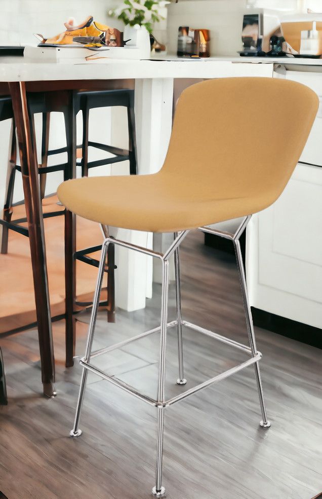Bertoia Barhocker mit Kernlederbezug von Knoll International, moderner Design-Barstuhl mit verchromtem Stahlgestell.