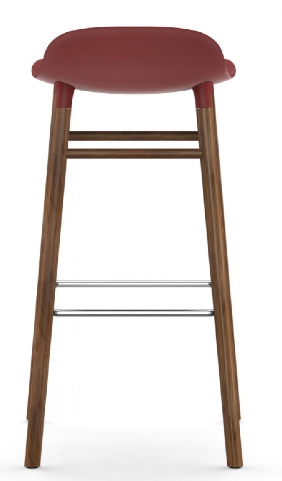 Rückansicht des Normann Copenhagen Form Barhocker H 75 cm mit Holzbeinen und bordeauxroter Sitzschale.