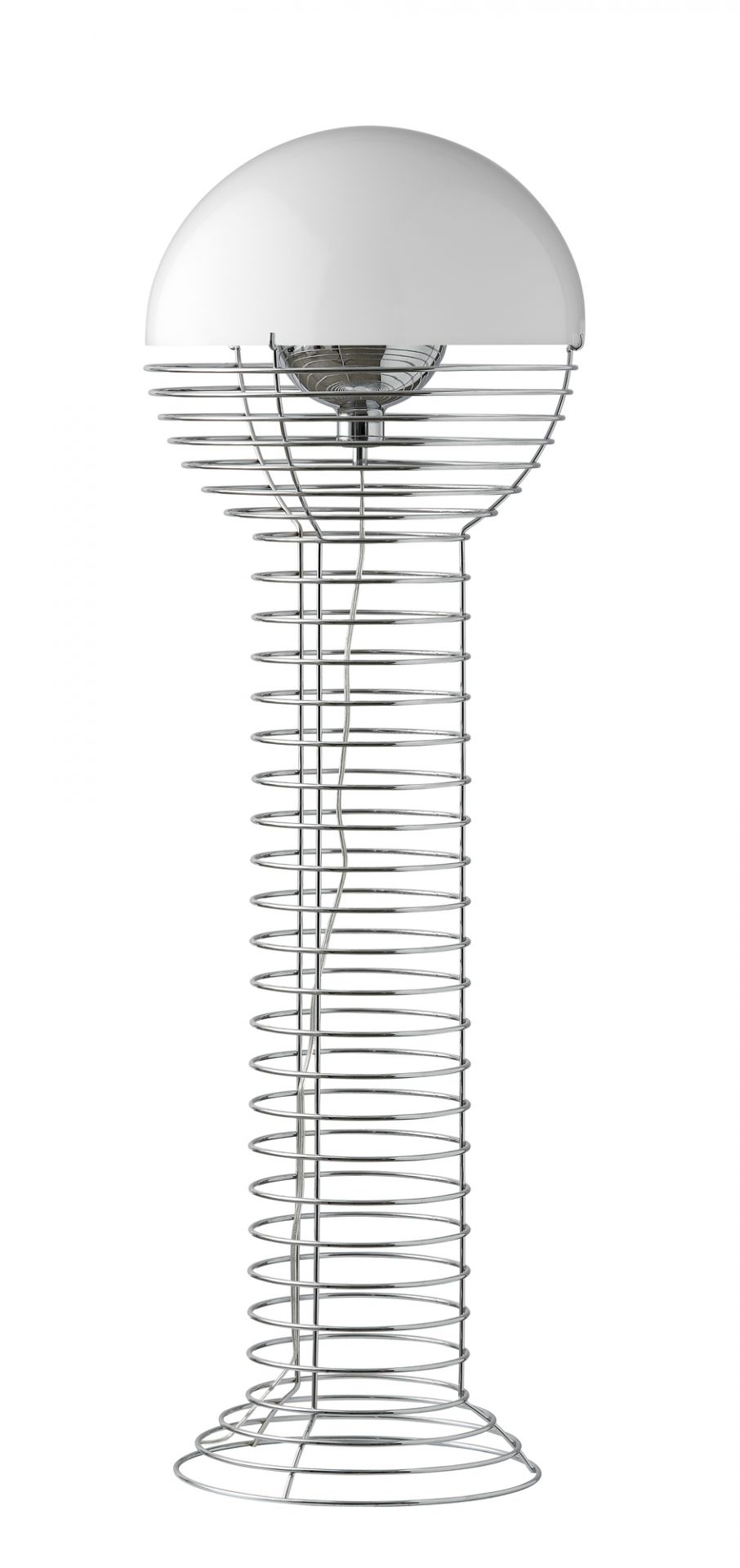 Verpan Wire Stehleuchte aus verchromtem Stahl mit weißem Lampenschirm, modernes Design für Wohnzimmer und Schlafzimmer.