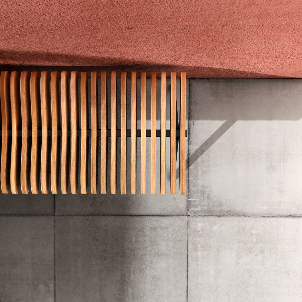 Draufsicht der Prelude Bank Per/use: Moderne Holzbank mit Lattenrost und minimalistischem Design.