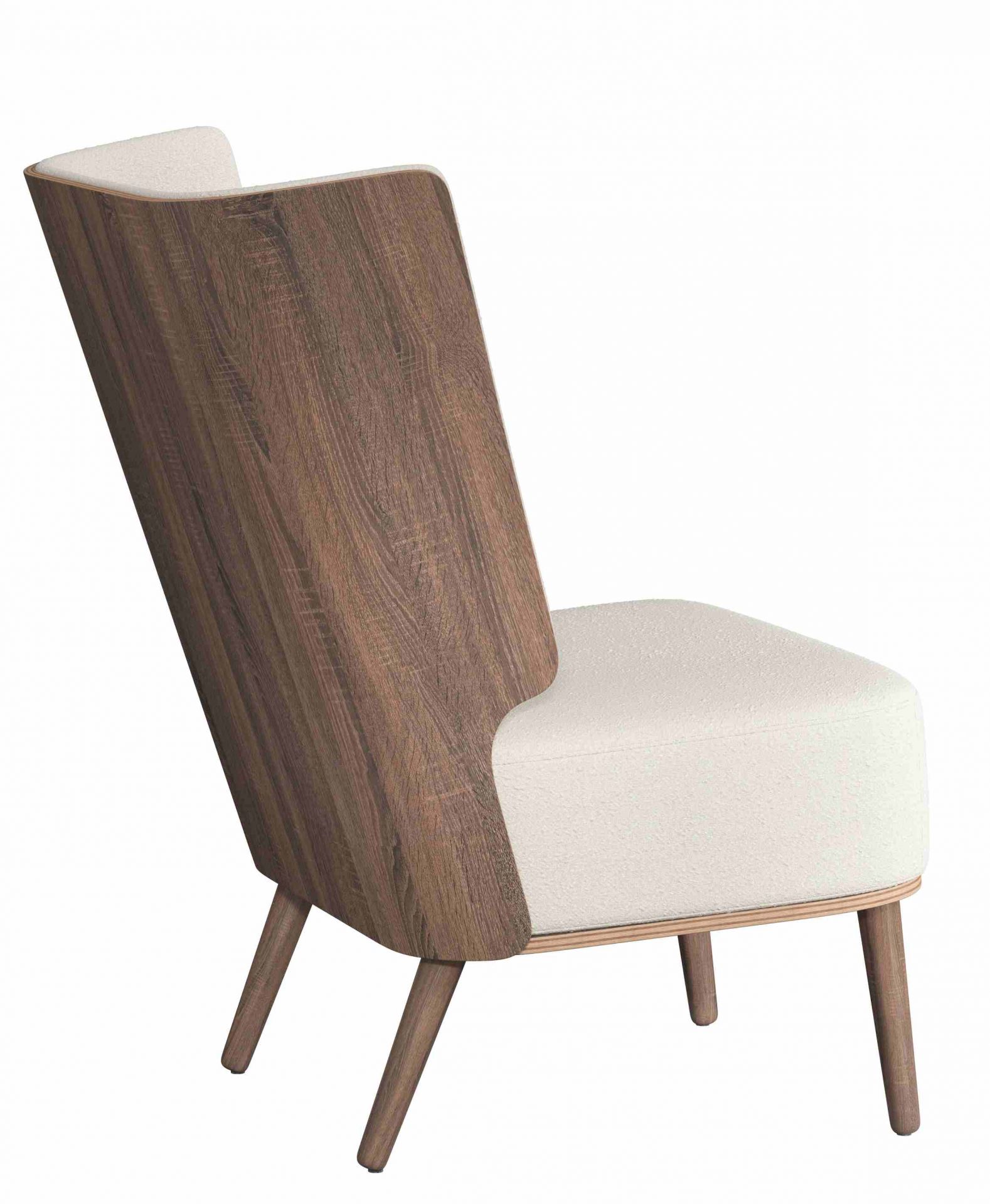 Serena Lounge Chair mit dunkel gebeiztem Eichenholz und weißem Nubbio Stoff, Ansicht von hinten.