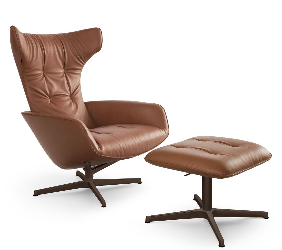 Onsa Chair Sessel von Walter Knoll, brauner Ledersessel mit Fußhocker auf weißem Hintergrund.