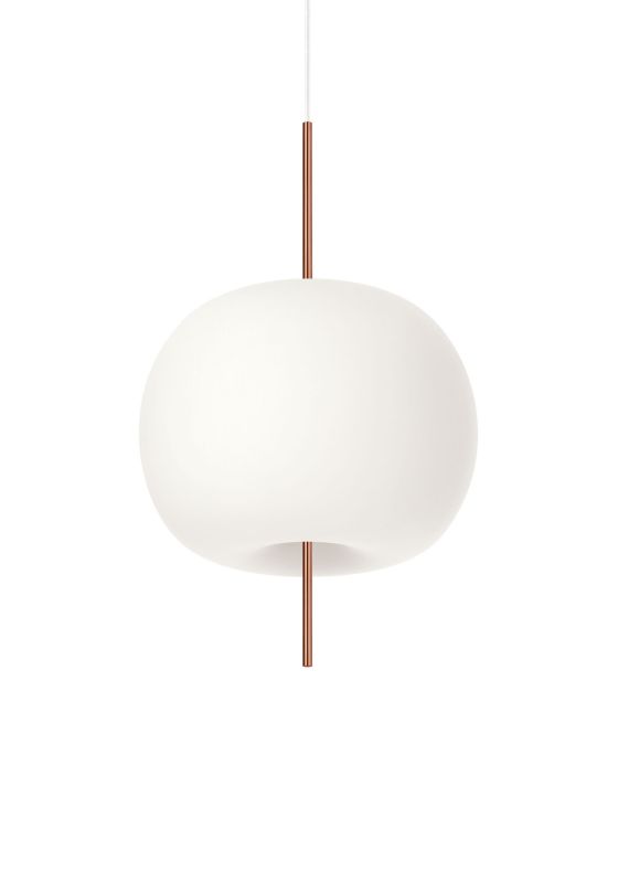 Weiße Kushi Pendelleuchte mit Kupferdetails, moderne Hängelampe für Wohnzimmer und Esszimmer.