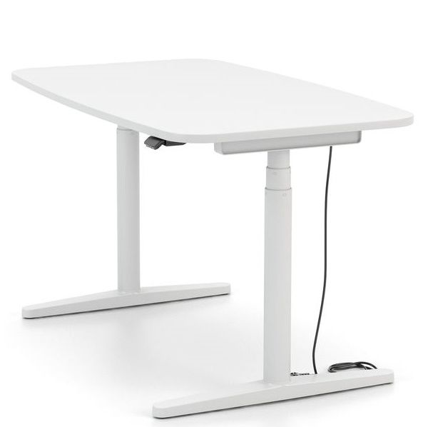 Weißer Tyde 2 Steh-/Sitztisch Home Desk Schreibtisch von Vitra mit höhenverstellbarem Gestell und Kabelmanagement.