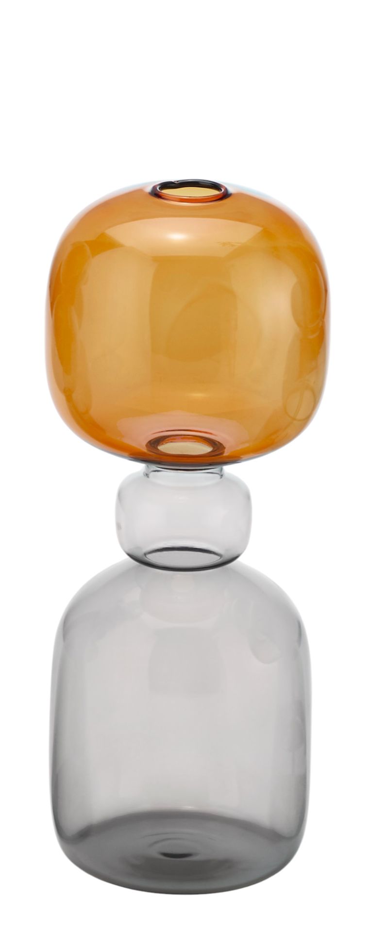 Curiosa Vase von Philippi: Moderne Glasvase in Sanduhr-Form, oben bernsteinfarben, unten grau.