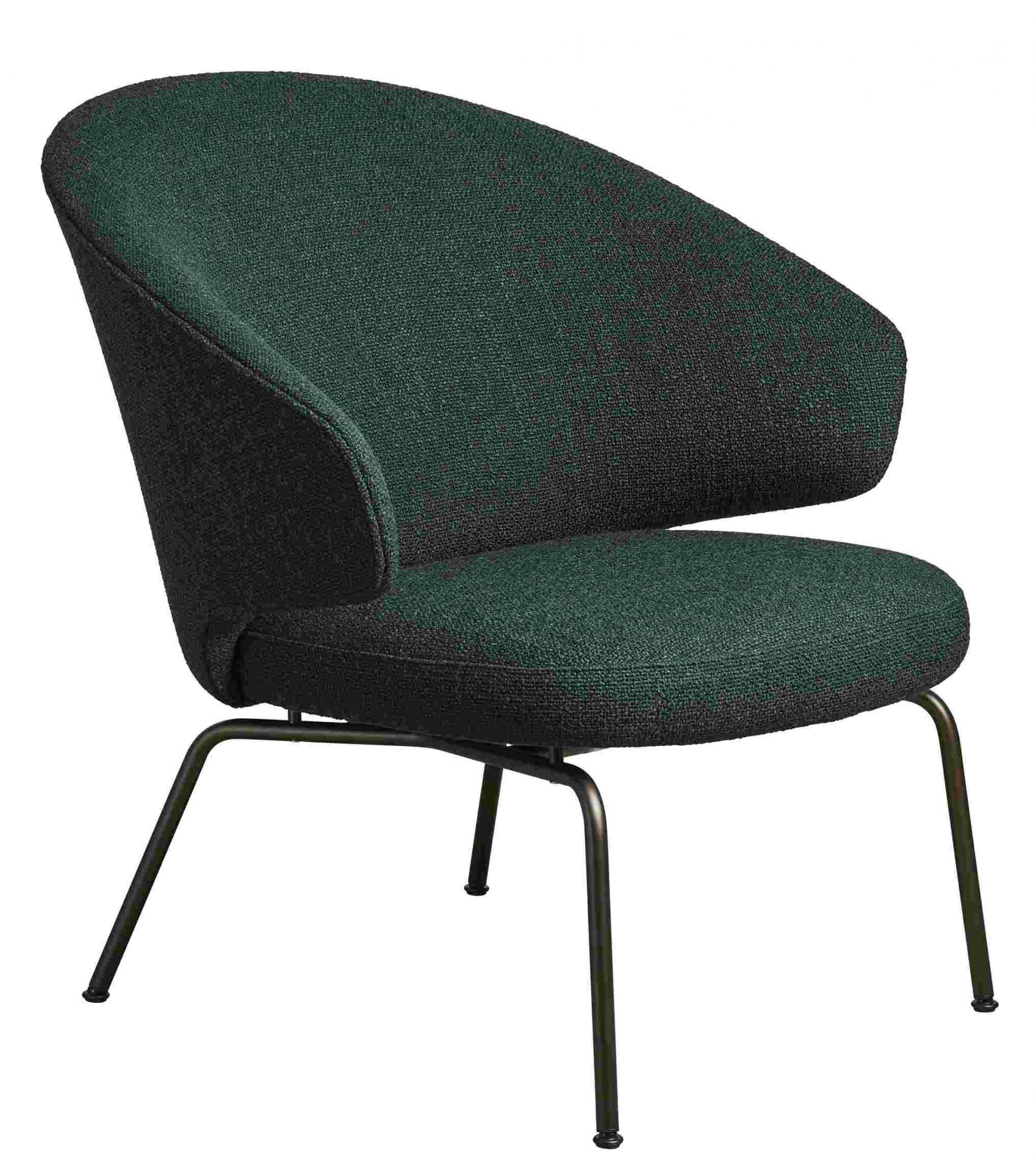 Grüner Fritz Hansen Let Sessel mit Stoffbezug und filigranem Metallgestell. Design Sessel für Wohnzimmer.