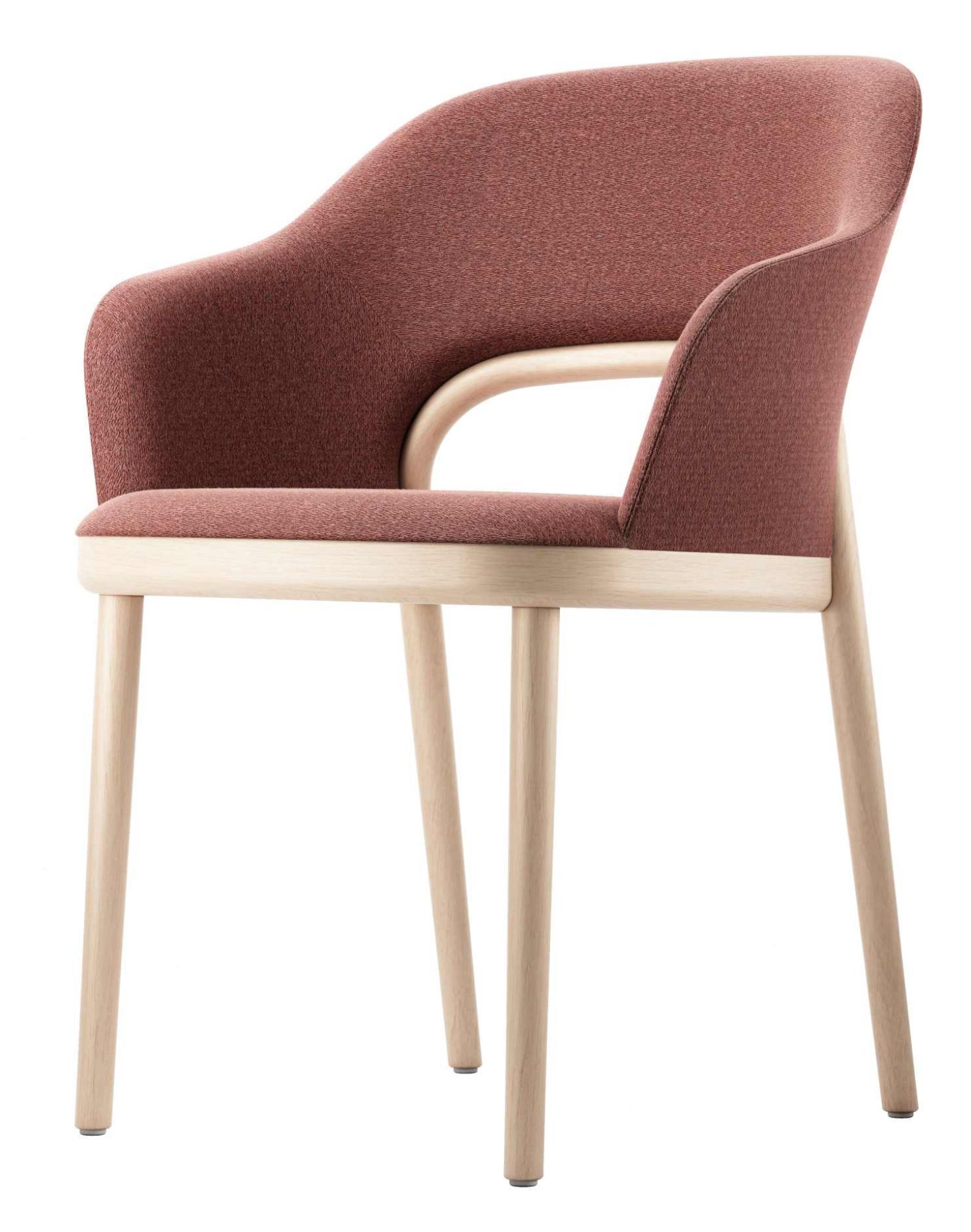 520 PF Polsterstuhl von Thonet mit Armlehnen und hellen Holzbeinen, Stoffbezug in Rosa.