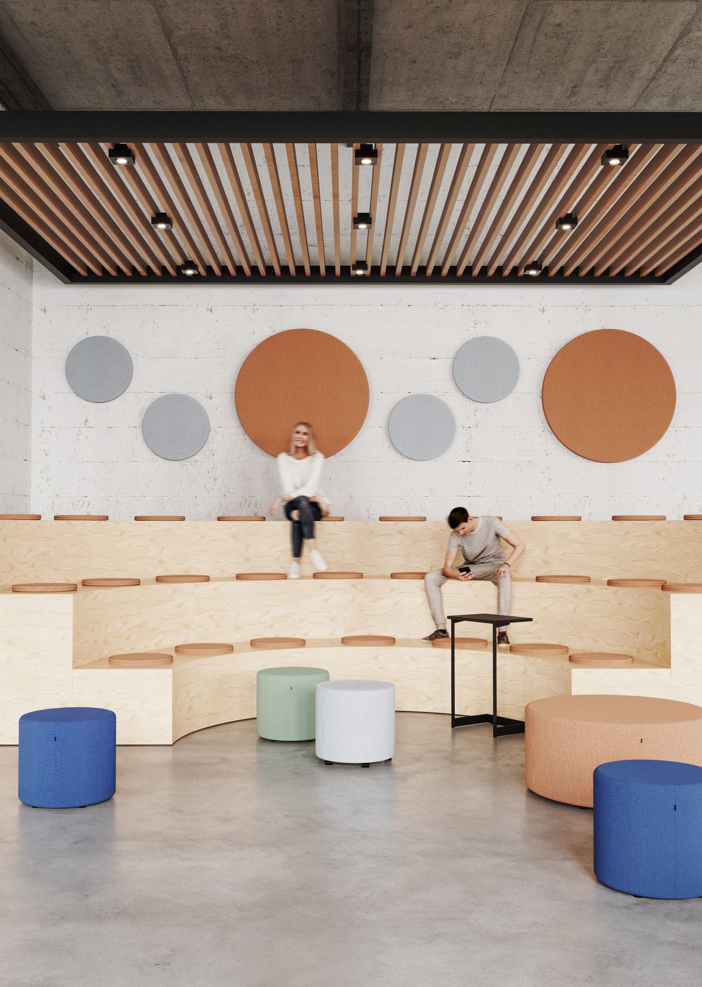 Büro Szene mit farbigen Bejot point POP Poufs, Sitzhocker auf Rollen, für moderne Büroeinrichtung.