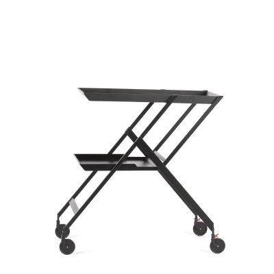 Schwarzer RS11 Servierwagen von Alessi mit zwei Ablageflächen und Rollen vor neutralem Hintergrund.