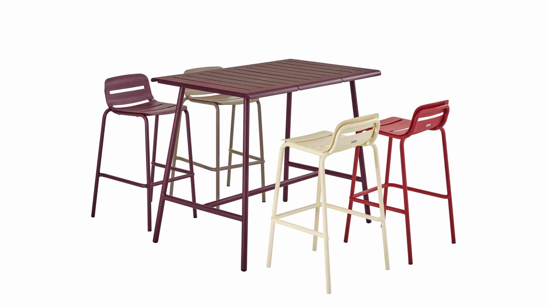 Weishäupl Vapio Barhocker und Tisch für den Außenbereich in verschiedenen Farben, modernes Design.